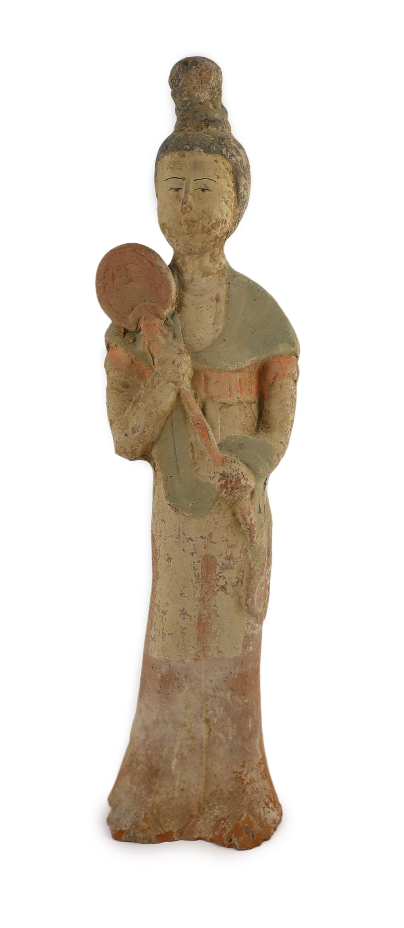 A Chinese painted pottery figure of a courtier, Tang dynasty, 41.5cm high